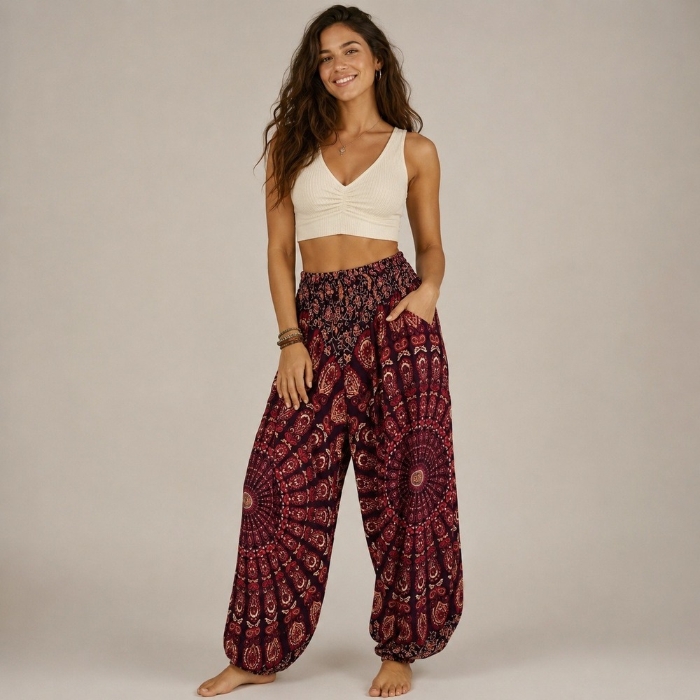 Boho Paisley Mandala Harem Pants Purple Red Smocked Waist Yoga Joggers Small